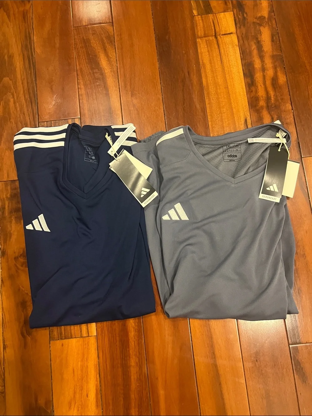 2 Adidas Men’s Short Sleeve Athletic Soccer Jerseys - Navy & Gray Tiro 23 Slim